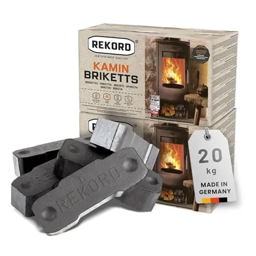 Rekord® Braunkohlebriketts 20 kg (2x10 kg Paket) – Kaminbriketts mit hohem Heizwert & Langer Brenndauer – Qualitäts–Braunkohle für Kamine & Dauerbrandöfen – Gluthalter Briketts Made in Germany