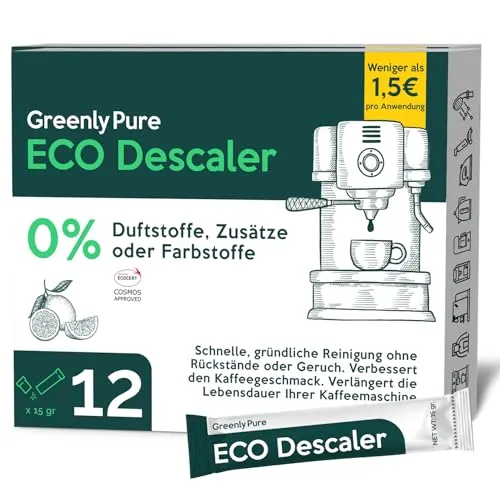 GREENLY PURE Entkalker für Kaffeevollautomaten & Kaffeemaschinen | 100% ÖKOLOGISCH |Universal Kalklöser | Geeignet für alle Marken | 12 x 15g
