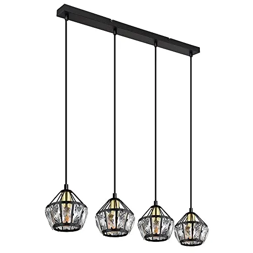 Moderne 4-flammige Hängelampe mit Glaskristallen - Elegante Pendelleuchte für Wohnzimmer, 4x E14 Fassungen, individuelle Lichtgestaltung durch Glaskristallschirme, moderne Metall-Optik in Schwarz, ideal für stilvolle Akzente.