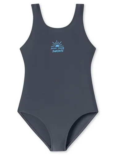 Schiesser Mädchen Aqua Teen Badeanzug, Graphit - Größe 140 bis 176 - Badeanzüge für Mädchen mit buntem Palmenmuster, verstellbaren Trägern in Kontrastfarbe und herausnehmbaren Pads für optimalen Komfort.