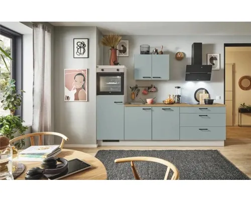PICCANTE Plus Küchenzeile Marlena 250 cm – fjördgrün matt, vormontiert - Küchenzeilen: Stilvolle 250 cm Küchenzeile in fjördgrün matt, vormontiert für einfachen Aufbau und mit ergonomischer Arbeitshöhe von 92 cm für komfortables Kochen.