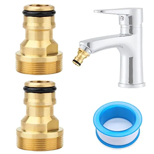 Bahan alamy 2 Stück Universal Wasserhahnanschluss für Mischbatterie + PTFE Dichtband 5M, Schlauchadapter Wasserhahn Adapter Schlauchkupplung Schnellkupplung Gartenschlauch Anschluss (Gold)