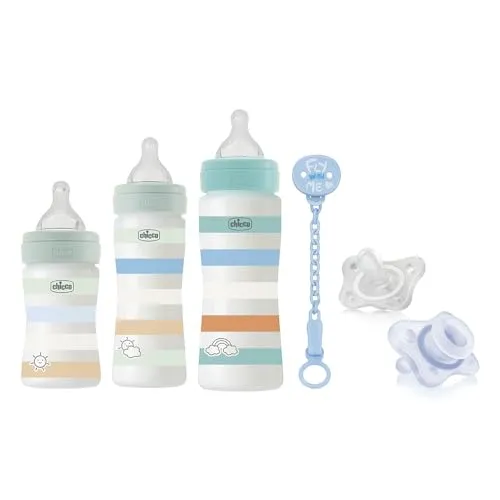 Chicco 1x Erstausstattungsset mit WELL-BEING Babyflaschen 150 ml, 250ml, 330ml; PhysioForma Silikon-Schnuller 0-6 Monate; Schnullerband Blau, 5 Stück (1er Pack)