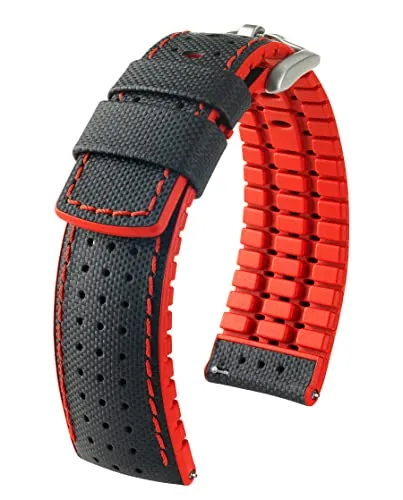 HIRSCH Herren Performance Uhrenarmband Modell Robby 20 mm Schwarz/rot - Uhrenarmband für Herren, strapazierfähig und kratzfest aus italienischem Kalbsleder, ideal für sportliche Armbanduhren und hautsensibel.