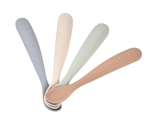 BÉABA 4er-Set Silikon-Babylöffel ab 4 Monaten – Weich, Abgerundete Spitze, Langer Ergonomischer Griff, Staubabweisendes Finish, Antihaft-Silikon – Farbe Natural