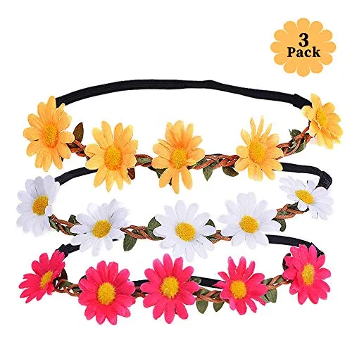 XCOZU Blumenkranz Haare, 3 Daisy Blumen Stirnband Haarband Hochzeit Haarkranz Krone, Haarband Blumen mit Justierbaren Elastischen Band Damen Mädchen für Party Strand Haarreif Blumen Kopfschmuck