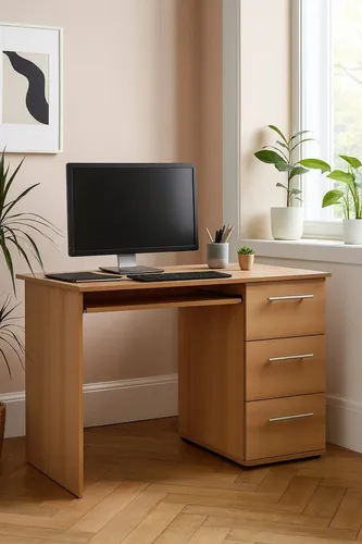 bv-vertrieb Schreibtisch PC Tisch 115x56x73 cm mit Tastaturauszug - Funktionaler PC-Tisch 115x56x73 cm mit praktischem Tastaturauszug. Ideal für Homeoffice und kleine Räume. Drei Schubfächer bieten viel Stauraum und die moderne Metalloptik ergänzt jede Einrichtung.