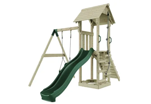 OutdoorToys Spielturm - Schaukelspielturm aus Holz in Dunkelgrün, ideal für Kinder ab 3 Jahren. Bietet Spielspaß und Sicherheit im eigenen Garten.