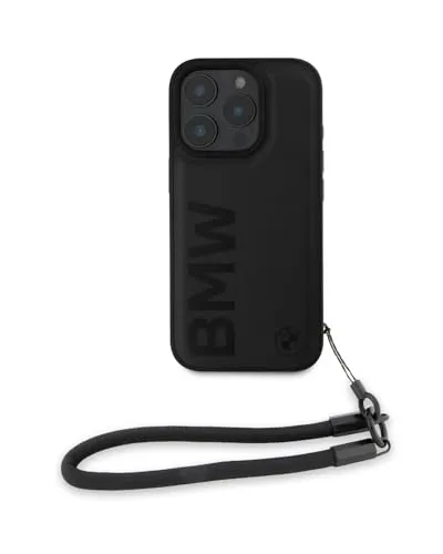 CG Mobile Schutzhülle für BMW iPhone 16 Pro, offizielles Lizenzprodukt, Lederschutzhülle mit Kordelband, großes Wortmarken-Schutzhülle, entworfen für iPhone 16 Pro, 6,3 Zoll (2024), Schwarz