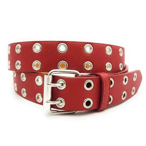 Lemasi 2-Loch 3-Loch Nietengürtel Ösen Gürtel Jeansgürtel Damen Herren echt Leder & PU schwarz, weiß, rot (2-Loch rot, 125cm)