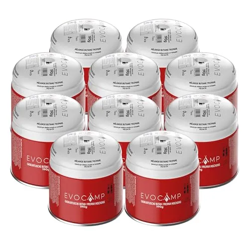 EVOCAMP Gaskartusche Butan 190g Typ 200 EN 417 - 10 Stück - Gaskartuschen für Camping und Outdoor-Aktivitäten, sicher und zuverlässig. Ideal für Kochen und Heizen unterwegs.