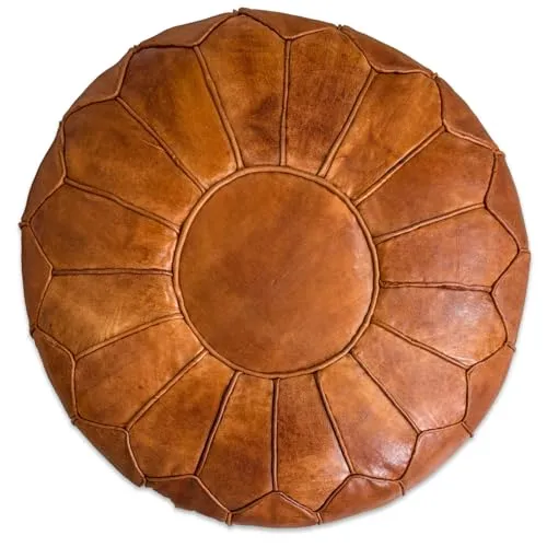 See the Good XL Echtleder Pouf - Handgefertigt - gefüllt geliefert - Ottoman Sitzsack Fußhocker Puff (Cognac Braun)