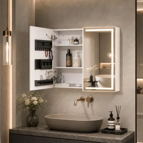 Thanaddo Spiegelschrank Bad mit LED-Beleuchtung und verstellbarem Regal, 70x60x15cm