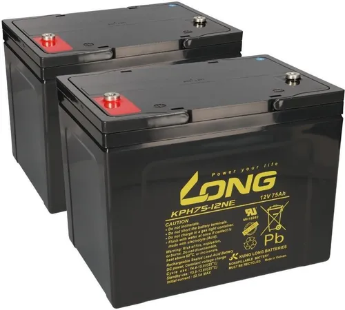 2x Kung Long Bleiakku KPH75-12NE M6 12V 75Ah AGM - 2x wartungsfreie AGM Bleiakkus, ideal für Elektromobile und Notstromversorgungen mit hoher Kapazität von 75Ah und robustem Design.