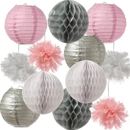 Partyset Papierdekoration 12-teilig Pompons Lampions Wabenbälle Party Deko für Hochzeit Geburtstag Babyparty Muttertag Dekorationsset für Einschlungsparty (grau-weiß-rosa)
