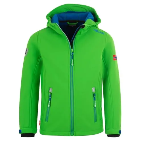 Trollkids Kids Trollfjord Jacket 164 - Bright Green - Funktionsjacke für Kinder, wasserabweisend und winddicht, bietet hohe Bewegungsfreiheit und Sicherheit durch Reflektoren.