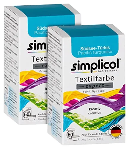 simplicol Textilfarbe Expert Südsee-Türkis 2er Pack - Farberneuerung für Textilien in Südsee-Türkis, ideal für Mischgewebe. Praktisches 2er Pack für kreative Projekte.