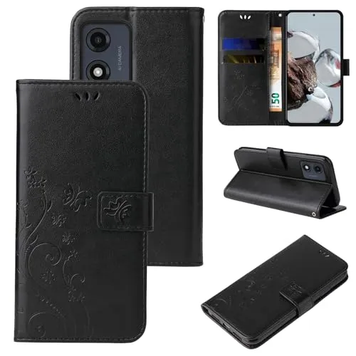 LBH Handy Hülle für Motorola Moto E13 Case Handytasche Schmetterling Blumen Flower Standfunktion Schutzhülle Magnet Rundum Schutz 360 Grad Flipcase Cover Schwarz
