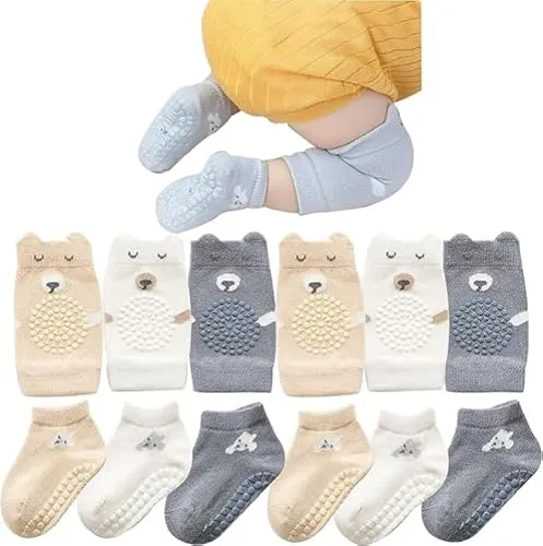 MUSLONG Baby Krabbeln 3 Paar Baby Knieschoner & Socken, Anti Rutsch Krabbelhilfe mit Gummipunkte Krabbelschoner Stulpen Knieschützer für Kleinkinder (kleiner Bär, 6-12 Monate)