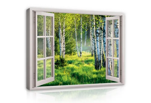 WallArena Leinwandbild - Fensterblick Birkenwald 100x75 cm - Eindrucksvolles Leinwandbild (100x75 cm) mit detailreichem Birkenwald-Motiv. Ideal für Wohnzimmer, Schlafzimmer oder Büros – sofort aufhängfertig und mit stabiler Konstruktion für harmonische Akzente.