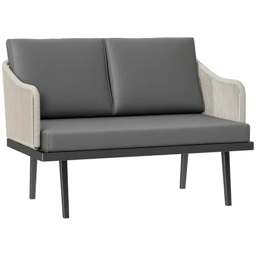 Outsunny 2-Sitzer Gartensofa mit Kissen aus geflochtenem Harz, Outdoor-Sofa mit Armlehnen, Stahlrahmen für den Garten, dunkelgrau