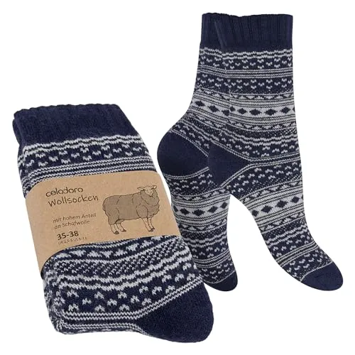 Celodoro Damen & Herren Frottee-Wollsocken mit Muster (1 Paar) - Navy mit Hellgrau 43-46