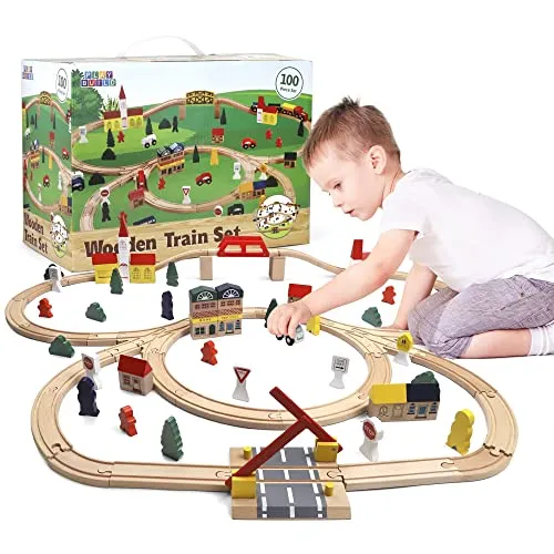 Play Build Holzeisenbahn Set Für Kinder 100–Teiliges Komplettes Holz Eisenbahnen Set– Interaktives Spiel- Und Lernset – Kreatives Holzeisenbahn-Design – Premium-Qualität Eisenbahn Holz –Ab 3 Jahren