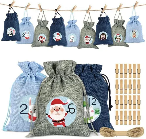 Adventskalender Stoffbeutel 24 Weihnachtskalender Säckchen Wiederverwendbar - Praktischer Adventskalender aus Stoff mit 24 wiederverwendbaren Säckchen. Ideal für kreative Überraschungen in der Vorweihnachtszeit.