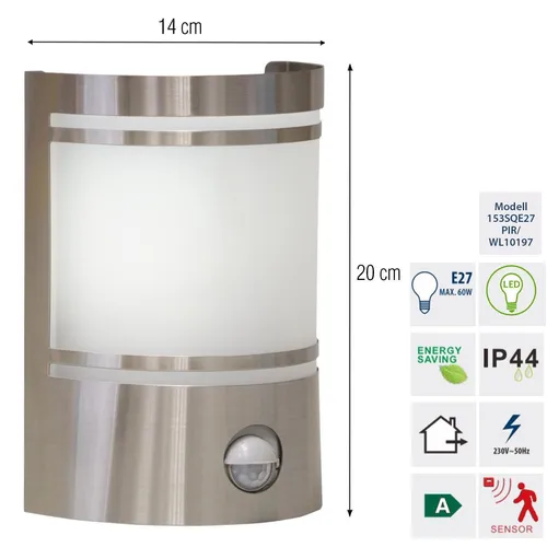 Grafner Design Edelstahl Wandlampe mit Bewegungsmelder - Wandleuchte für innen und außen mit IP44 Schutz, energiesparend durch E27 Fassung und automatischer Beleuchtung dank Bewegungsmelder.