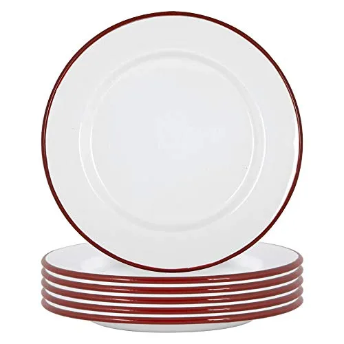 Argon Tableware Weiße Emaille -Dinner -Teller - 25,5cm - Rot - Pack Von 6