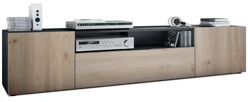 Vladon Lowboard Mogan - TV-Kommode in Schwarz matt/Eiche Nordic - Stylisches TV-Lowboard mit 2 Türen, 1 Klappe und 1 offenem Fach, ideal für modernes Wohnen. Hergestellt in Deutschland, pflegeleicht und flexibel montierbar.