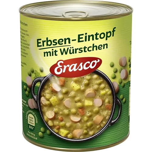 Erasco Erbsen-Eintopf mit Würstchen 800 g - sonstige Speisen, natürlich lecker ohne geschmacksverstärkende Zusatzstoffe und künstliche Farbstoffe, ideal für eine schnelle, gesunde Mahlzeit.