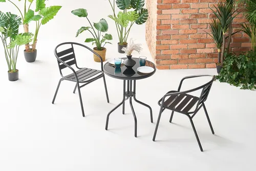 2+1 Stühle Glastisch Bistro Gartenset Gartenmöbel Schwarz 60x70 cm, Metall