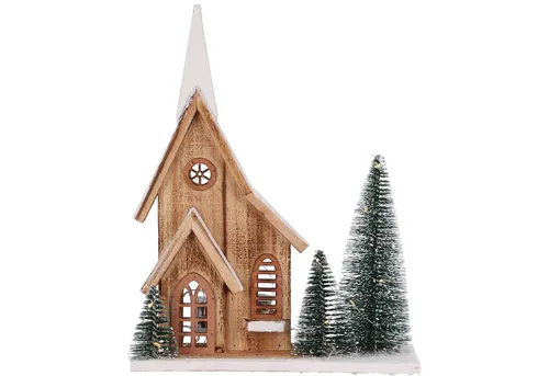 Annastore LED-Dekofigur Lichterhaus aus Holz mit Tannenbäumen und LED-Beleuchtung, Weihnachtsbeleuchtung in warmweiss - Inkl. Timer - Batteriebetrieben