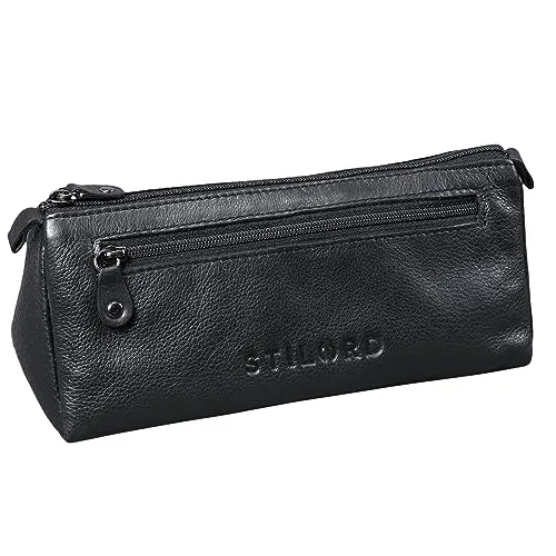 STILORD 'Alexis' Vintage Leder Etui Stiftemappe mit 2 Fächern und Reißverschluss Federtasche Federmäppchen Schlampermäppchen Echtes Leder, Farbe:schwarz