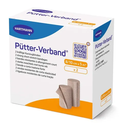 Pütter Verband 8 / 10 cm x 5 m Binden 2 St - Kompressen & Verbände, ideal für starke Kompression nach Varizenverödungen und bei Stauungsödemen. 100% Baumwolle und bis 90 Grad waschbar für optimale Hygiene.