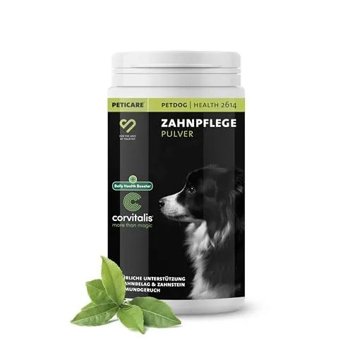 Peticare Zahnpflege Pulver für Hunde | Unterstützt gesunde Zähne & frischen Atem | Mit Chlorella, Petersilie & Hagebutte | Natürliches Ergänzungsfutter | petDog Health 2614