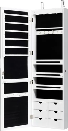 Schmuckschrank mit LED Abschließbarer Wand-/Türschmuckschrank mit Spiegel & 6 Schubläden Weiß