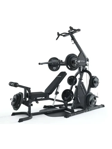 ATLETICA Triton Multigym Triplex Station mit X-Bench - Kraftstation für effektives Ganzkörpertraining auf kleinem Raum. Integrierte Latzugstation, Klimmzugstange und verstellbare Hebelarme bieten vielseitige Übungsmöglichkeiten.