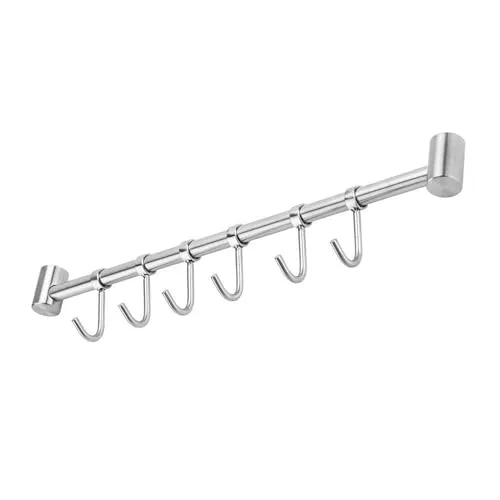 INTIRILIFE Hängeleiste für die Küche aus Edelstahl mit 6 beweglichen Haken zum Bohren - 35.8 x 3.4 x 2.2 cm - Küchen Reling Hakenleiste Halter Küchen Utensilien Stange Tassenhalter Wandhalterung