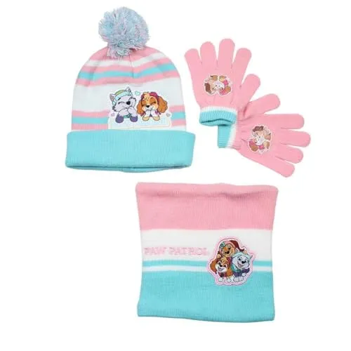 Paw Patrol Skye & Liberty Kinder Winter Set 3-teilig – Mütze 54 cm, Handschuhe & Snood – Warmes Mädchen Winter Outfit – Rosa/Türkis – Polyacryl, Farbe: Bunt, Größe: 54