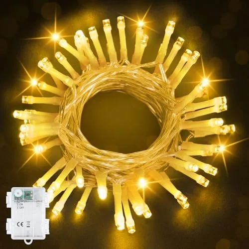 Bowfar Lichterkette Außen Batterie, 5M 50LED Warmweiß Lichterkette mit 6h Timer, IP65 Wasserdicht Lichterkette Batterie für Innen Zimmer Party Weihnachten Outdoor Camping (Durchsichtigen Kabel)
