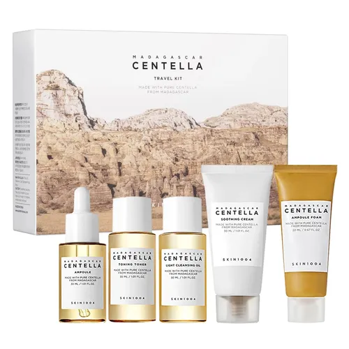 Skin1004 Madagascar Centella Travel Kit - Tagespflege mit fünf effektiven Produkten für empfindliche Haut, ideal für Reisen und zur Beruhigung der Haut.