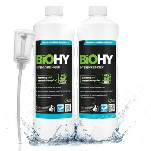 BiOHY Intensivreiniger Universal (2 x 1 liter) + Dosierer | Hocheffektiver Industriereiniger | ideal für Hochdruckreiniger | Fugenreiniger |Bio Konzentrat für Fliesen & Holzböden
