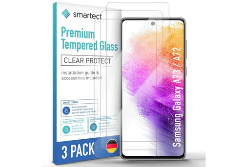 smartect Displayschutzglas Schutzglas Panzerfolie Klar für Galaxy A73 / A72, Set, 3 Stück, Schutzfolie Glasschutz Bildschirm