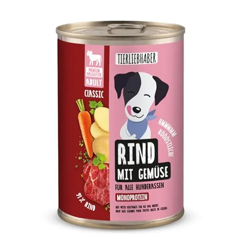 TIERLIEBHABER – Hundefutter Nass 400g Rind mit Gemüse – Von Tierärzten entwickelt – Nassfutter Hund mit 91% Fleischanteil – Dog Food als Hundenassfutter 400g Dosen