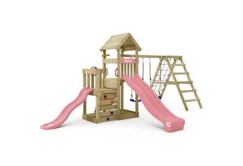 Wickey Spielturm Skyflyer 120 & 90 mit pastellpinker Rutsche - Vielseitiger Spielturm mit zwei Rutschen und Kletteranbau für endlosen Spielspaß im Garten. Robuste Holzkonstruktion sorgt für Stabilität und Sicherheit – ideal für Kinder ab 3 Jahren. Perfekt für kreative Abenteuer und Bewegung an der frischen Luft.
