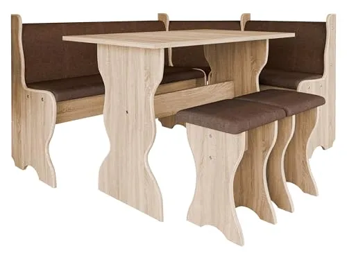 Mirjan24 Eckbankgruppe Thomas – Esszimmer Sitzbank Set mit Tisch und Hockern - Bequeme Eckbankgruppe aus Eiche Sonoma, inklusive Tisch und 2 stabilen Hockern. Praktische Staufächer unter der Sitzfläche bieten zusätzlichen Platz.