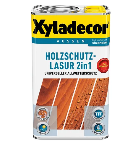Xyladecor Holzschutz-Lasur Walnuss 2,5L - Lacke mit bis zu 4 Jahren Wetterschutz, Aqua-Tech Nässe-Schutz und UV-Schutz, dringt tief ein und benötigt keine Grundierung.