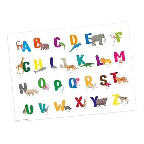 Tischset | Platzset abwaschbar – Buntes ABC mit Tieren – 44 x 32 cm – pädagogische Lern-Platzmatte - aus hochwertigem Vinyl